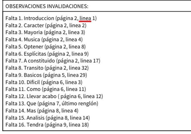 Corrección de un examen de las últimas oposiciones de Educación en Andalucía, con una falta de ortografía en la corrección ('linea' en vez de 'línea').