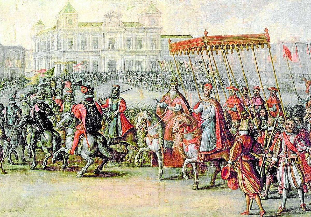 Carlos V (aquí, entrando a Bolonia), llevaba consigo a 600 personas, más o menos.