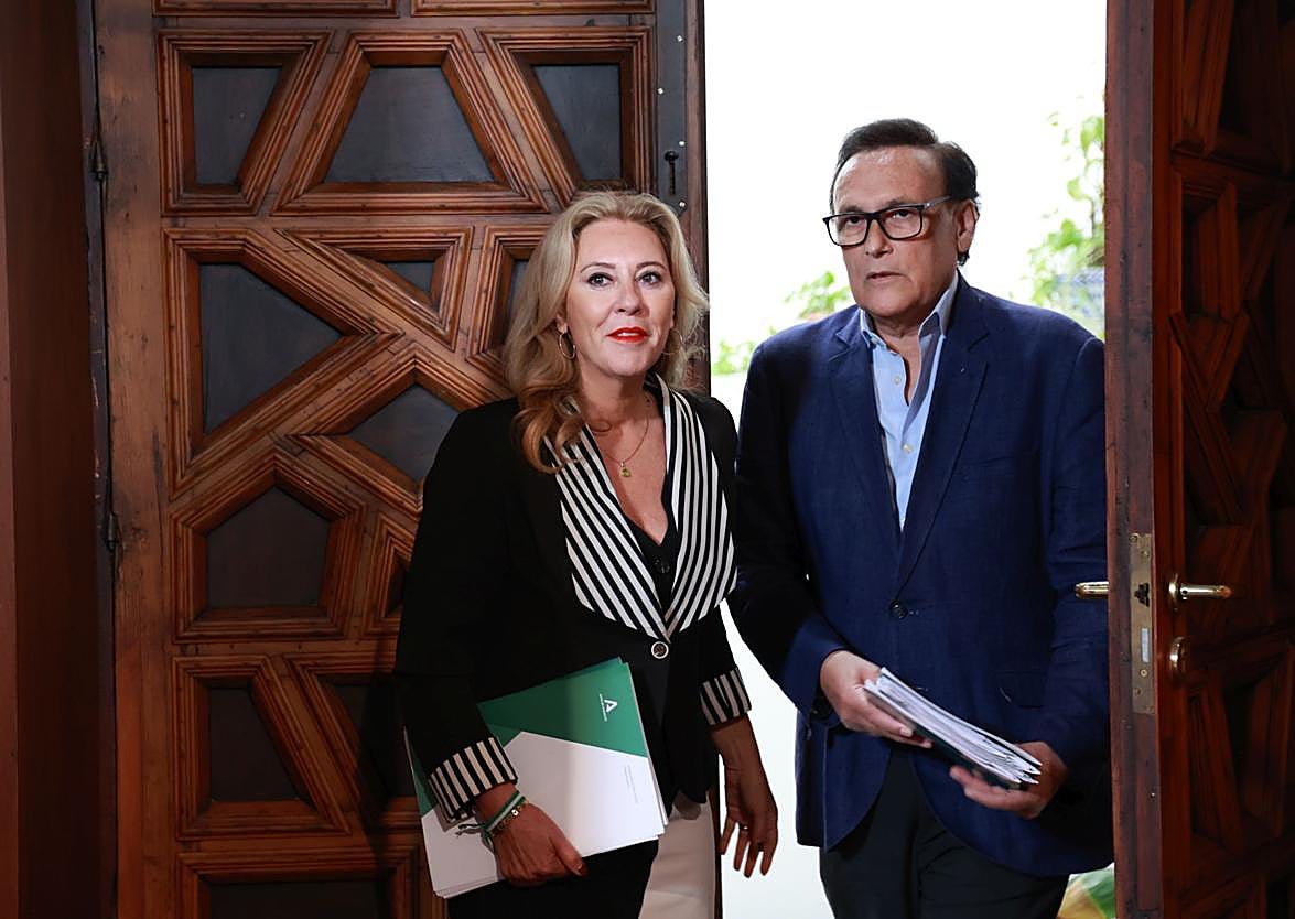 La portavoz del Gobierno andaluz, Carolina España, y el consejero de Universidad, José Carlos Gómez Villamandos.