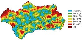 Mapa sobre el tiempo de acceso a un hospital desde los municipios de Andalucía, en el que amarillo, naranja, rojo y marrón indican entre media hora y más de una hora de traslado.