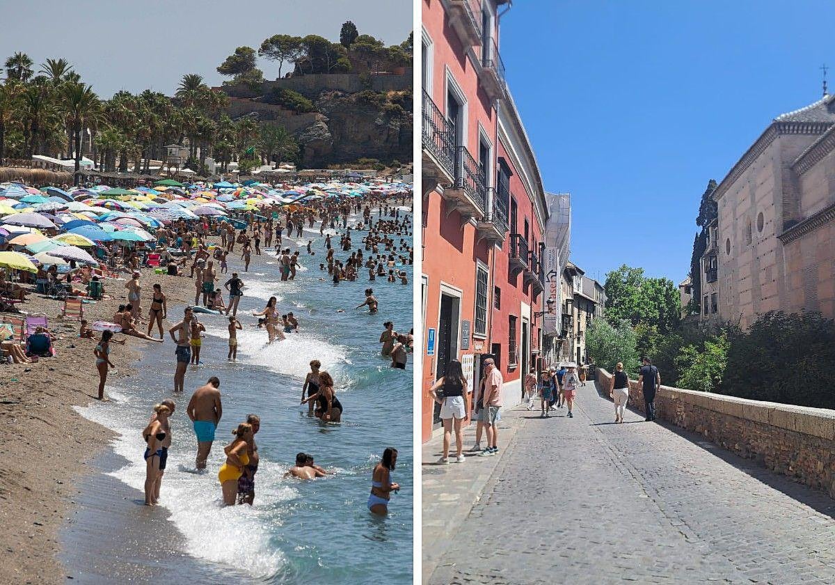 Las playas de Granada a rebosar y la ciudad desierta .
