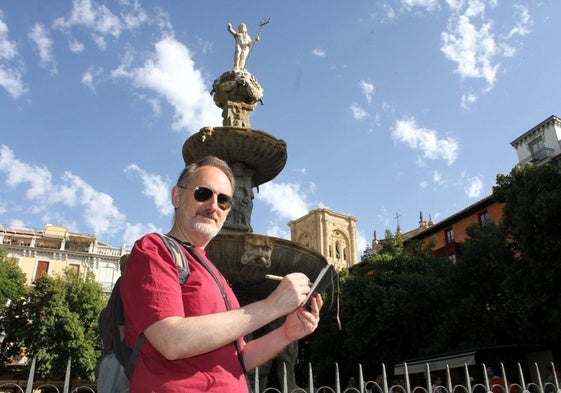 Gabriel H. Walta, con su libreta de dibujo por Plaza Bib-Rambla.