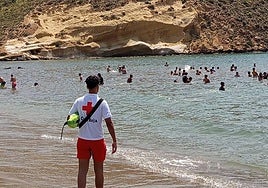 Un socorrista de Cruz Roja vigila a los bañistas de una playa de Pulpí.