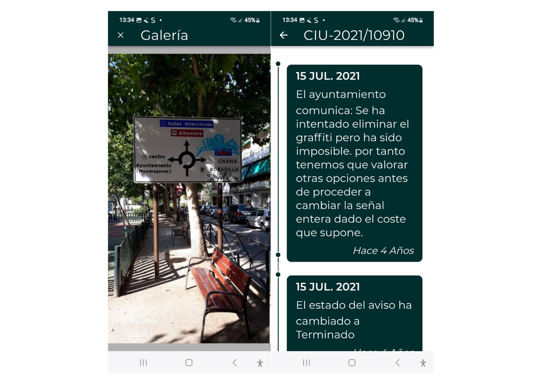 Capturas de pantalla de una denuncia en la app del Ayuntamiento hace cuatro años de los grafitis en la señalización