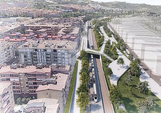 Representación de la integración de la estación de ferrocarril de la capital que contiene diversas pasarelas.