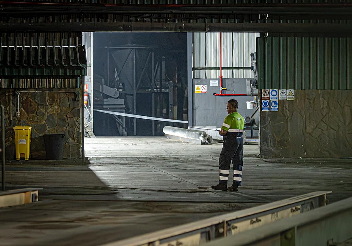Un operario, en la fábrica de aceite de Pinos Puente este lunes por la noche