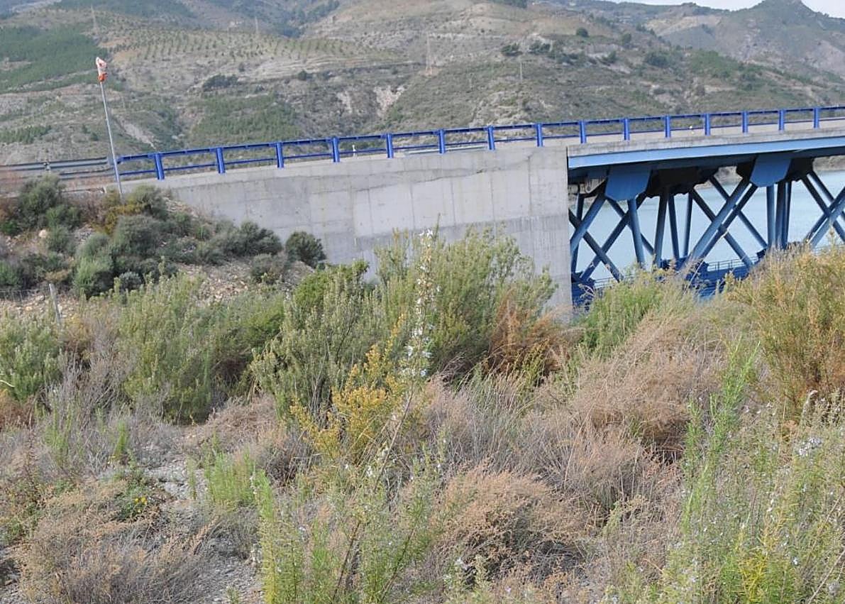 Imagen secundaria 1 - El profesor Jorge Pedro Galve y Cristina Reyes, que hizo la tesis doctoral sobre el tema, observando socavones y grietas en el entorno del viaducto en el año 2019.
