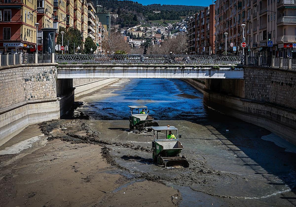 Operarios de Emasagra limpian el cauce del río Genil.