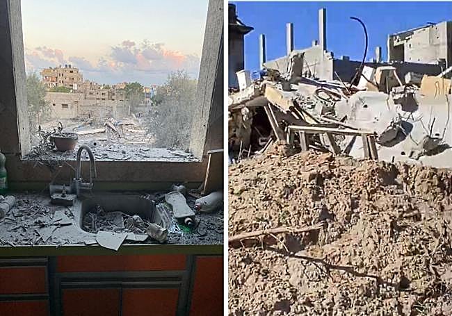 Vistas del barrio de Gaza donde vivía Walaa con su familia tras el bombardeo; y lo que queda hoy de su casa.