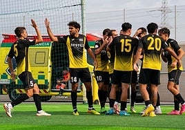 El primer equipo del Roda celebra un gol la pasada campaña.