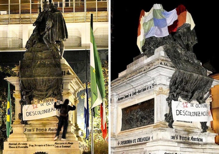 Cubren la estatua de Isabel y Colón en Granada para protestar contra el Día de la Hispanidad