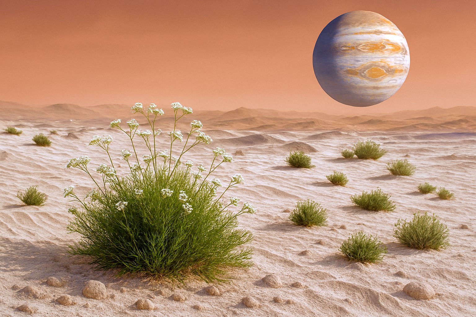 Recreación con inteligencia artificial de cultivo de una planta en Marte.