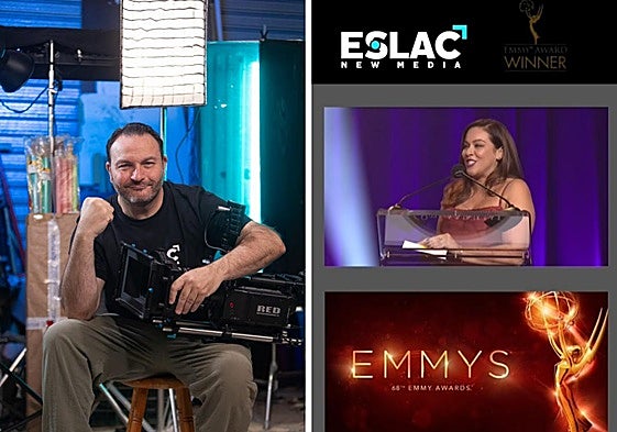 Jaime García, en su estudio de Albolote, y el momento en que anuncian al ganador en la gala de los Emmy de Nueva York.