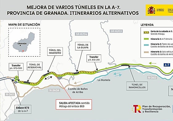 Cortes a la A-7 en Granada hasta Navidad por la mejora de cuatro túneles en la Costa