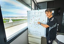 En su despacho, con una pizarra magnética con fichas.