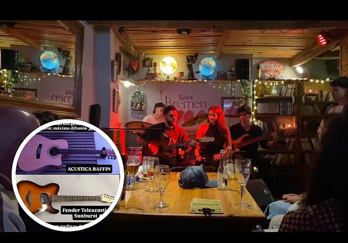Actuación de la banda '4Tune' este fin de semana en el bar Bremen. En el círculo, las guitarras robadas.