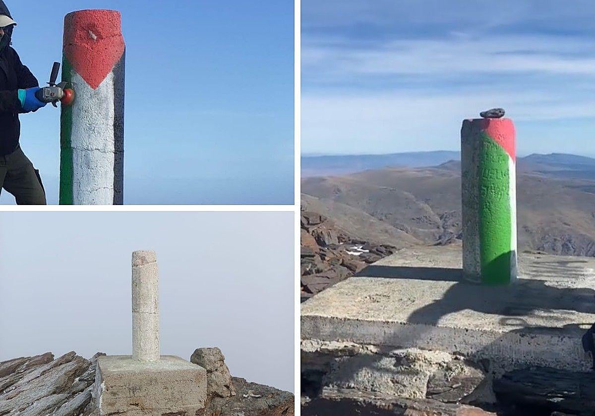 Limpieza del vértice geodésico del Veleta y cómo ha quedado (debajo). A la derecha, el del Mulhacén.