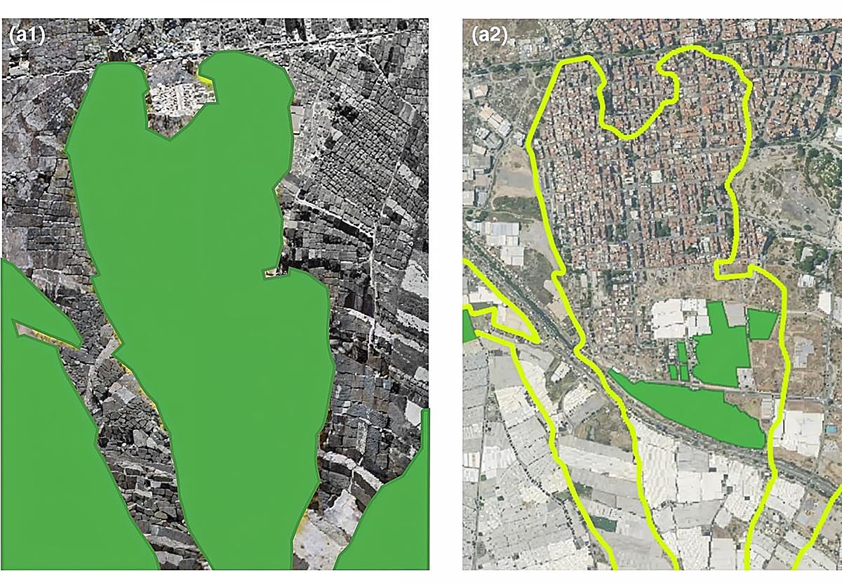 Comparación del área de ocupación de Maytenus senegalensis europaea entre 1956 (a1) y 2021 (a2)