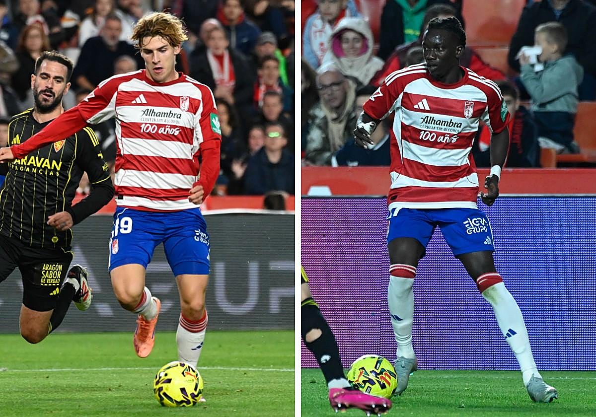 Los rojinegros Pascual y Faye, ante el Zaragoza.
