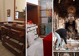 A la izquierda, estado en el que quedó la parroquia de Benamaurel. A la derecha, limpieza se la Virgen de los Escolapios después del robo.