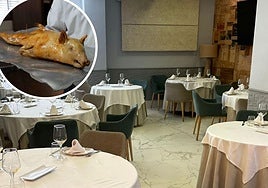 El salón del Asador Curro y uno de sus populares cochinillos asados.