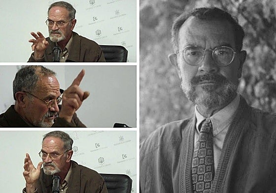 José Ortega Torres, Narzeo Antino como firmaba su obra poética, en una intervención en la Cátedra Góngora en la Universidad de Córdoba. A la derecha, en una imagen de hace unas décadas.