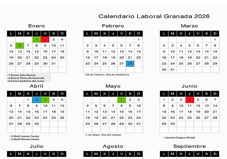 Oficial en el BOE el calendario laboral de Granada en 2026: festivos que caen en fin de semana y puentes