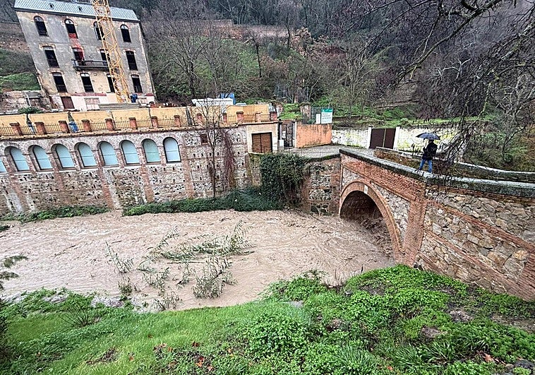 El río Darro, a rebosar a su paso por el Paseo de los Tristes por la borrasca Leonardo