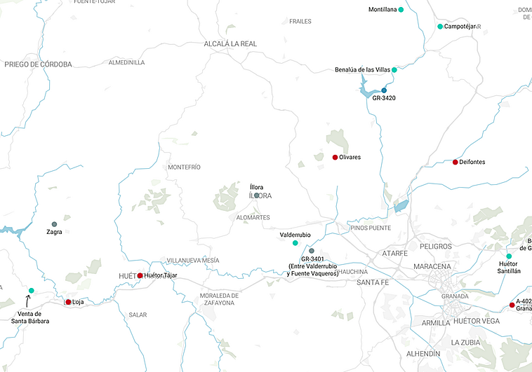 El mapa de las incidencias provocadas por el temporal en Granada