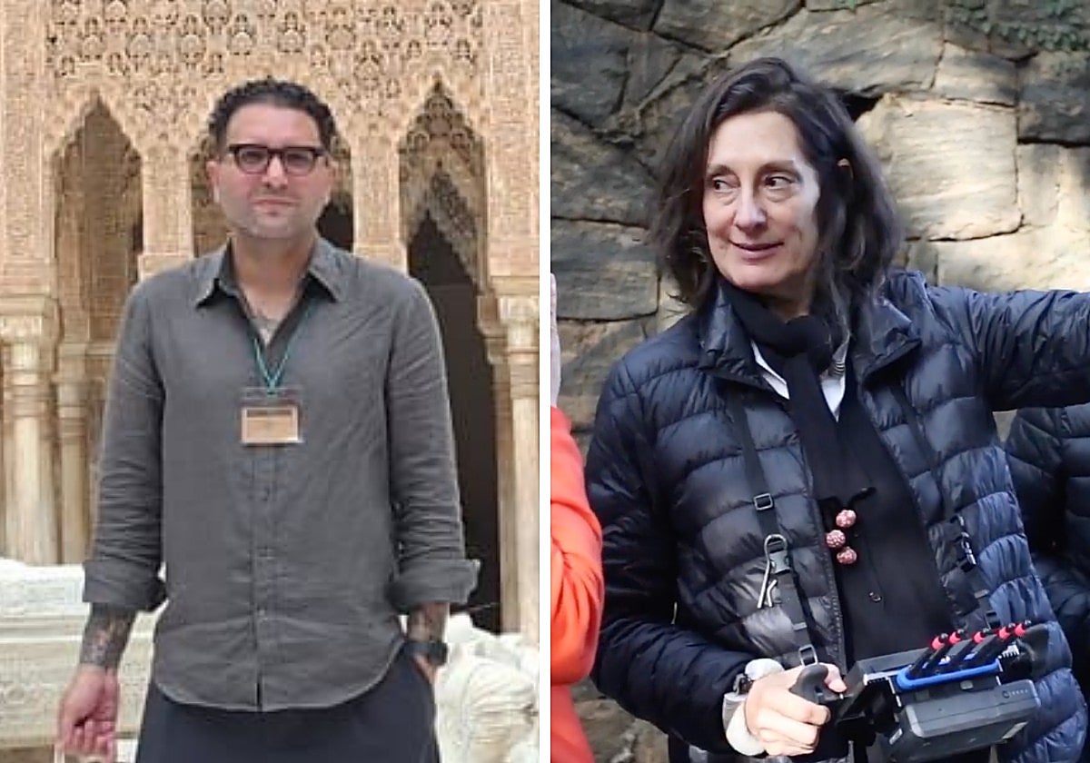 Mehdi Hmili, en la Alhambra, y Flavia Castro, en el rodaje de 'As Vitrines'.