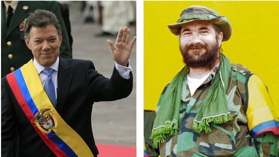 El presidente colombiano, Juan Manuel Santos, y el líder de las FARC, Rodrigo Londoño Echeverry, alias 'Timochenko'.