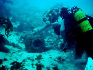 Dos investigadores estudian unos restos cerámicos descubiertos en el fondo marino de la costa almeriense. :: IDEAL