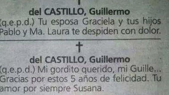 Una viuda se entera de que su marido le era infiel al publicar la misma esquela que su amante