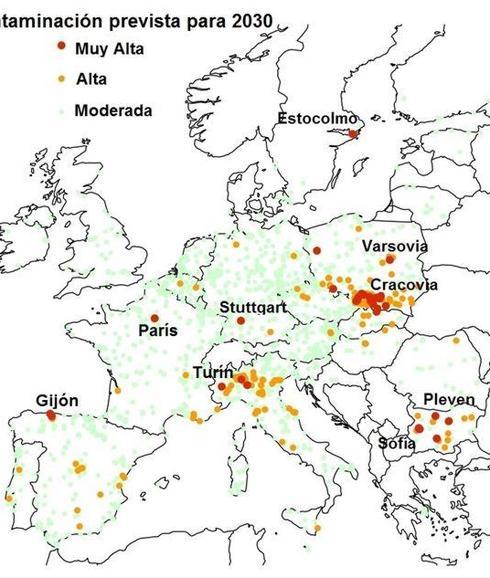 Proyección de contaminación por ciudades en toda Europa, según los autores de un estudio.