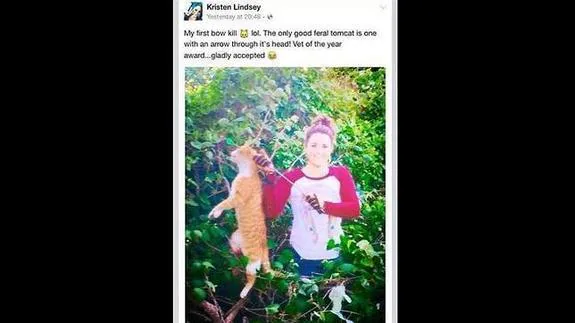 Despiden a una veterinaria por publicar en Facebook una foto del gato que mató con una flecha