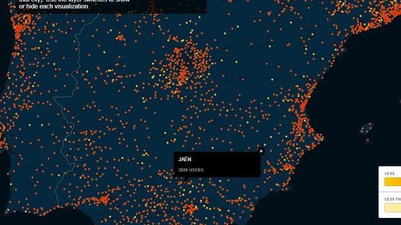 Mapa con usuarios de toda España, entre ellos Jaén. :
