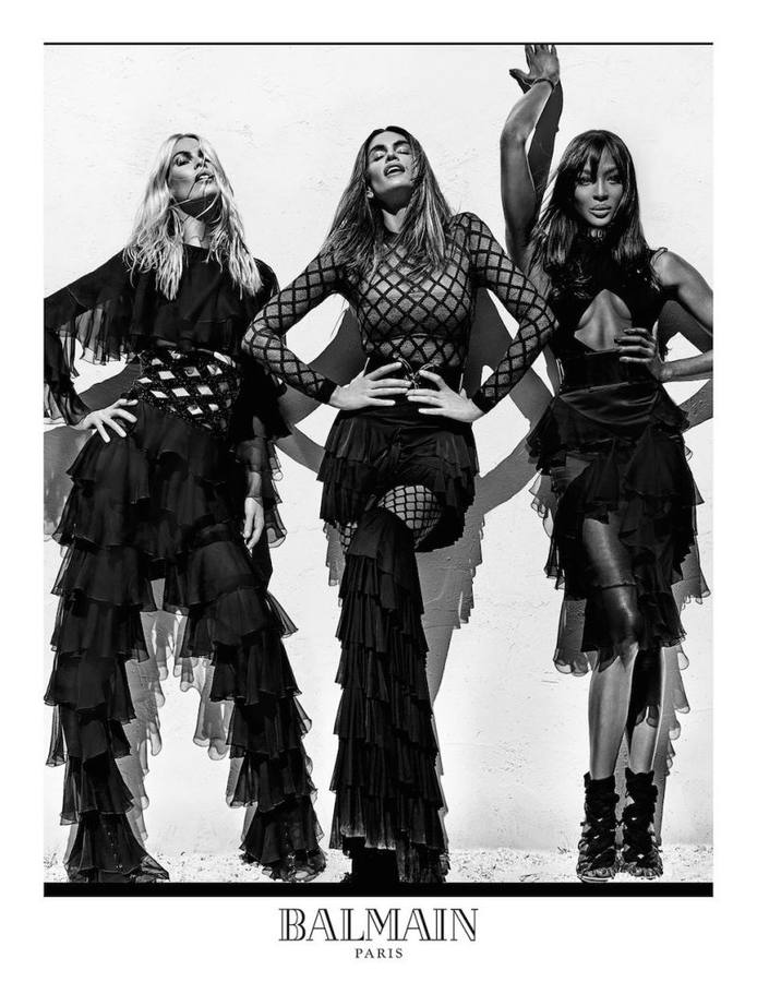 Naomi Campbell, Cindy Crawford, y Claudia Schiffer para Balmain