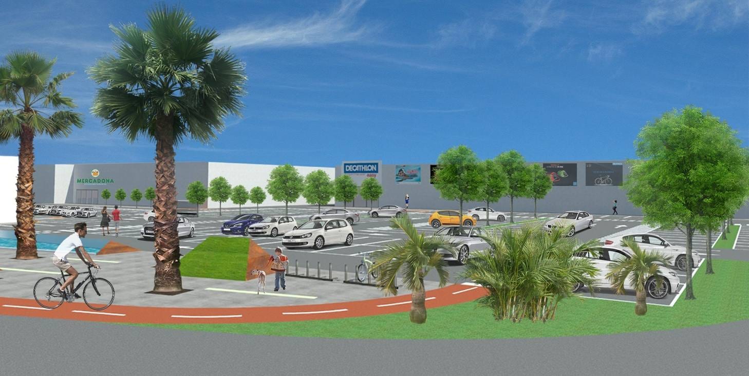 Diseño del proyecto de nuevo parque comercial de la zona sur de Motril, donde irían Mercadona, Decathlon, Burguer King y JYKS. 