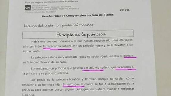 Redactan una prueba de Infantil con faltas de ortografía y contenido sexista