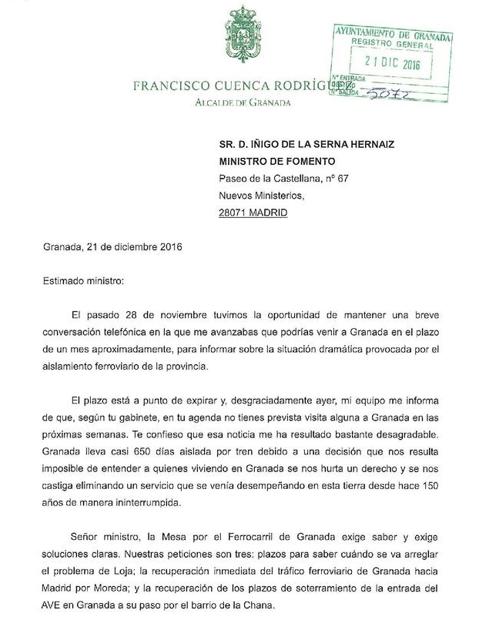 Primera página de la carta del alcalde de Granada al ministro. 