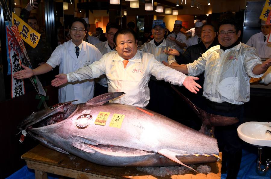 El empresario Kiyoshi Kimura muestra el primer atún rojo de la temporada, de 212 kilos.