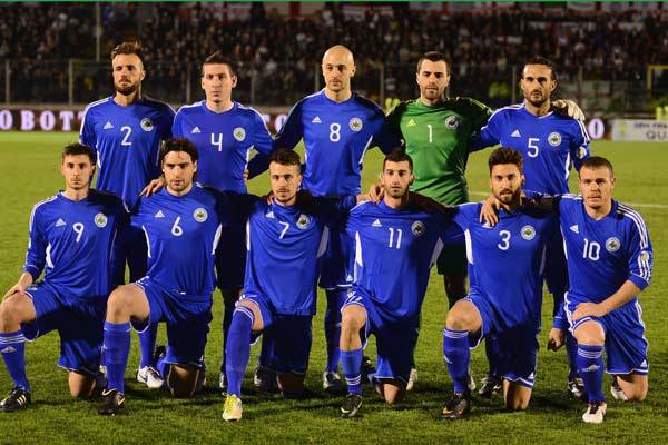 La selección de San Marino, que juega hoy en su estadio de Serravalle.