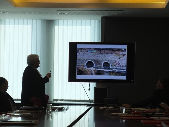 Alfonso Rubí, coordinador del informe técnico de la Mesa del Ferrocarril, muestra a los eurodiputados la foto de los túneles del AVE en Sorbas tapiados desde 2014.