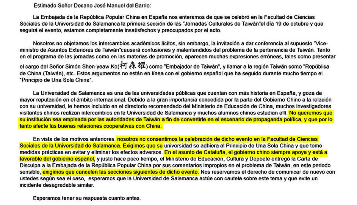 Una supuesta coacción de China a la Universidad de Salamanca genera gran tensión