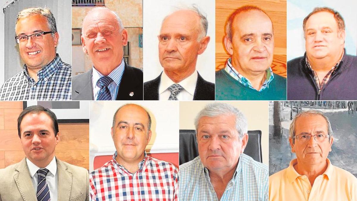 Los alcaldes que se van: Julián Ramos, José Martín, Pedro Sánchez, Manuel Gago, Herminio Velasco, Ángel Molina, Manuel José Molina, Carlos Navarro y Francisco Blázquez.