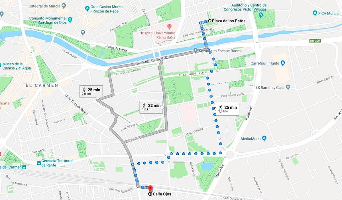 Distancia que recorrió el pequeño entre los dos puntos.