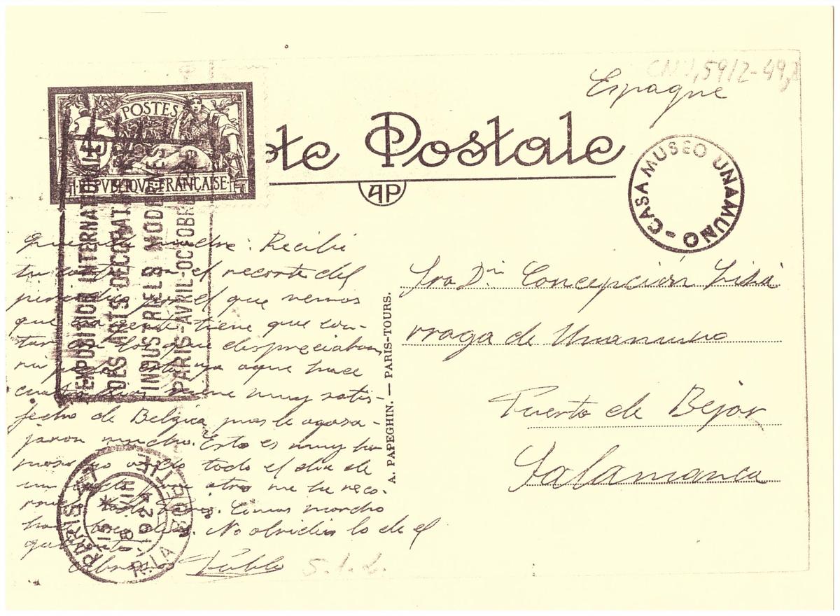 Reproducción de una de las postales enviadas por Pablo de Unamuno a su madre, que estaba en Puerto.