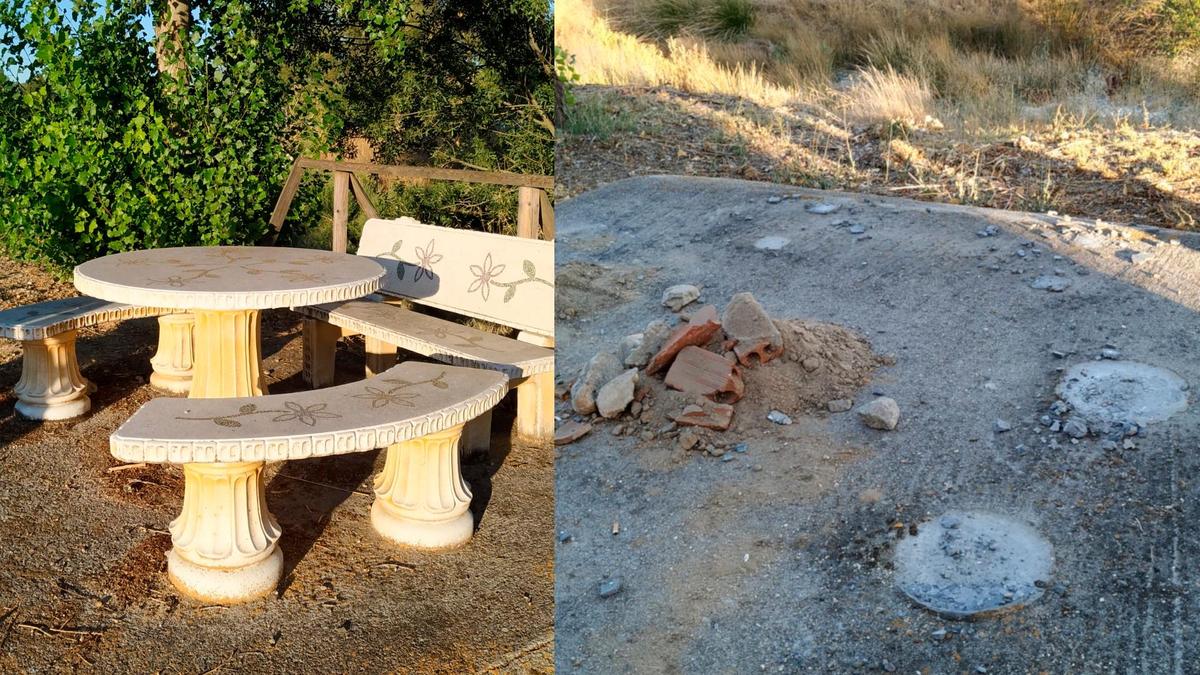 Los bancos y la mesa de piedra que han sido robados en Tordillos