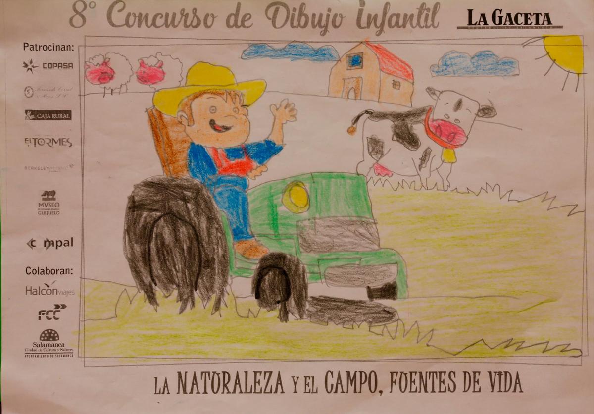 Categoría A de primero y segundo de Primaria. El primer premio ha sido para Pablo Alonso, de siete años, alumno del Colegio La Encarnación de Peñaranda por su dibujo en el que el protagonista es un simpático agricultor y ganadero en su tractor. | ALMEIDA