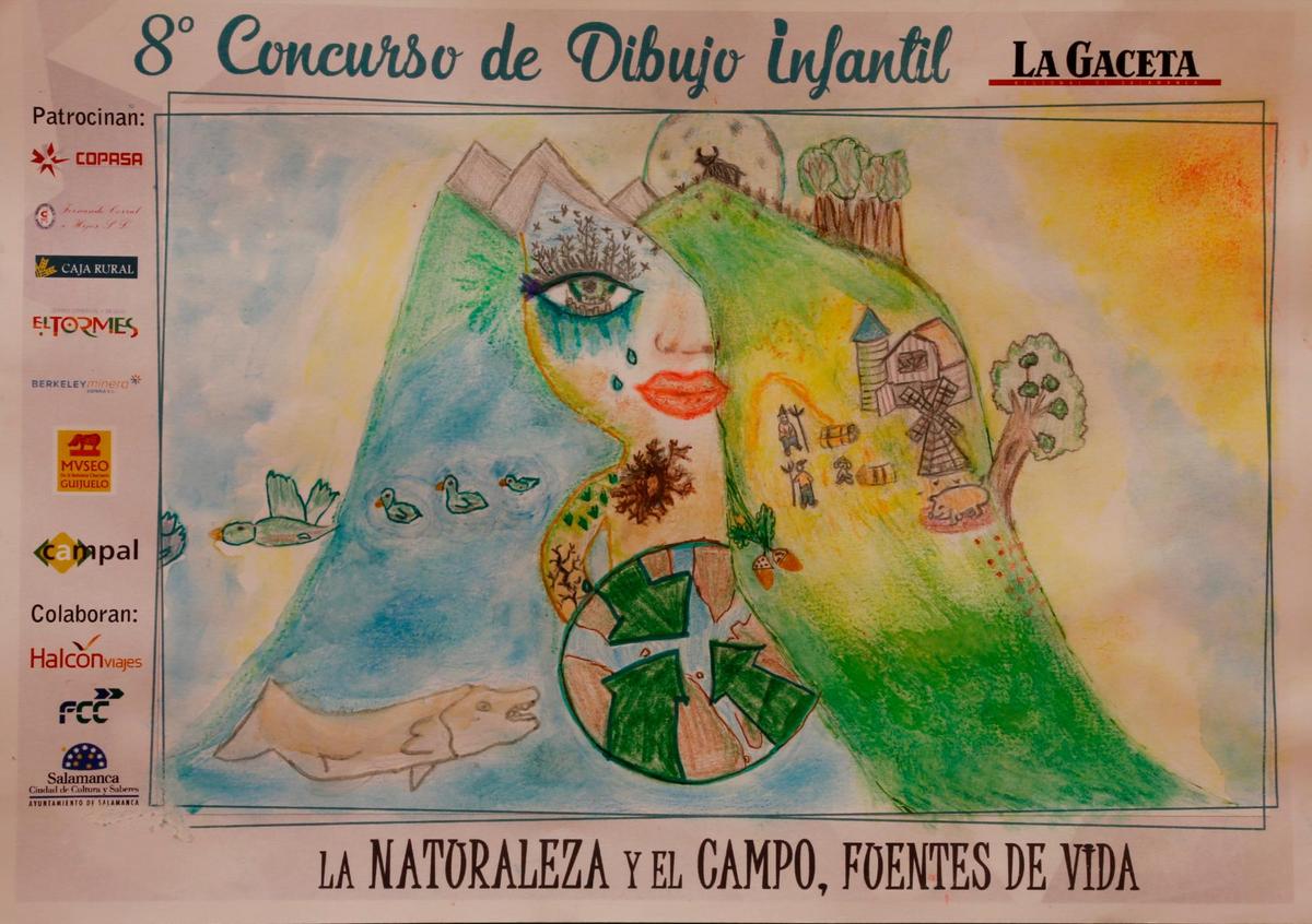 Categoría B de tercero y cuarto de Primaria. Un precioso dibujo de la madre naturaleza triste albergando vida tanto en tierra como en el mar le ha merecido el primer premio de la categoría a Elisabet Bautista, de nueve años y alumna del Colegio Santa Isabel de Alba de Tormes.  | ALMEIDA